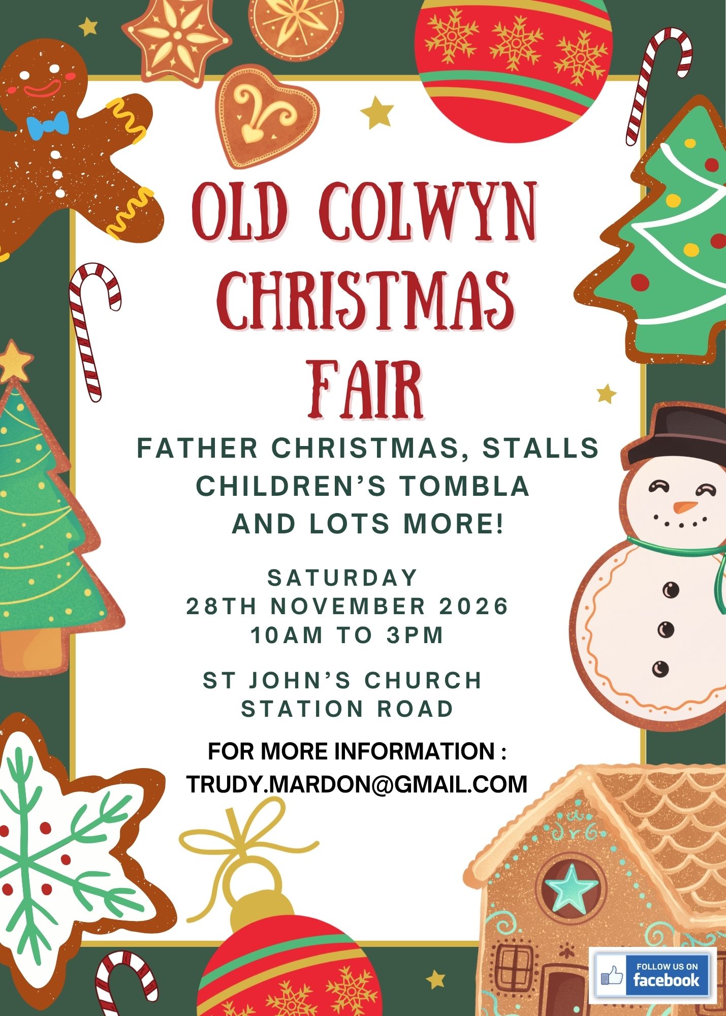 Old Colwyn Christmas Fair. Father Christmas, stalls children's tombola and lots more! Saturday 28th November 2026. 10am-3pm St John's Church, Station Road. For more information contact: trudy.mardon@gmail.com